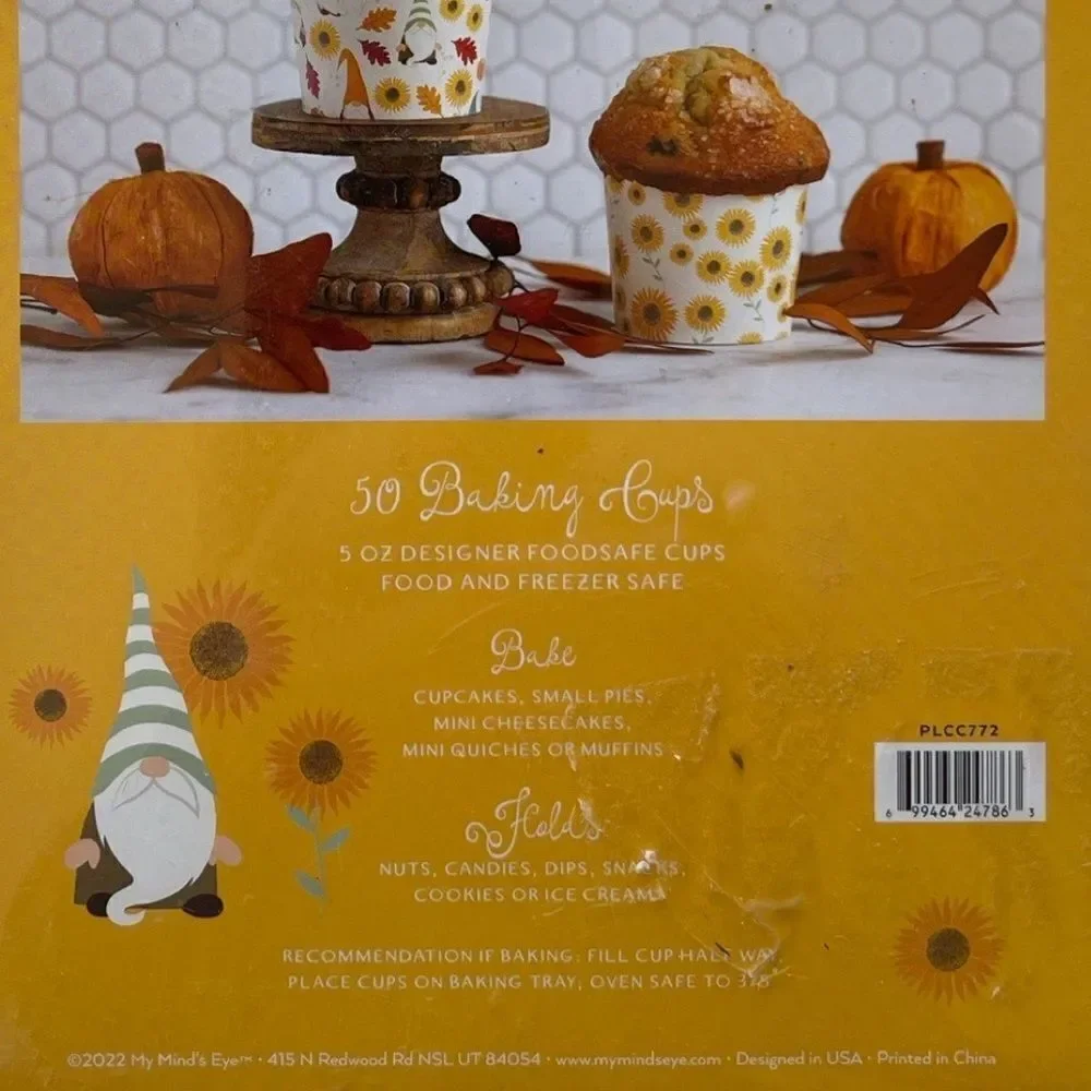 50 Count Fall Harvest & Gnome Sunflower Cupcake Liners New in Box